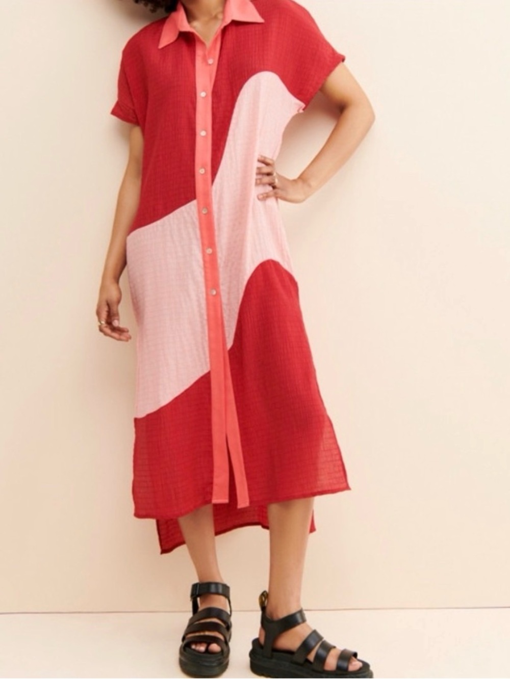 Margo Baridon Anthropologie sheer button front side slit Midi Dress M Colorblock